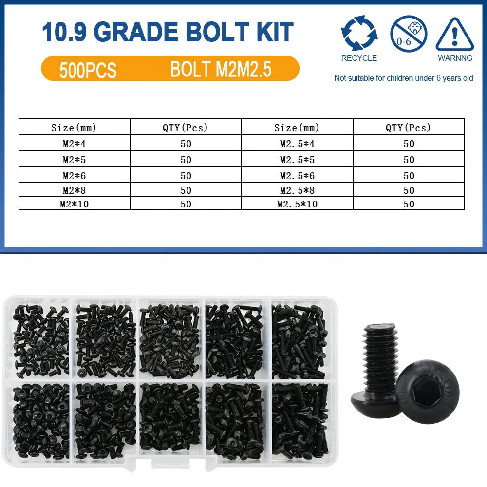 500Pcs M2 M2.5 Small Screw Bolt Kit 4mm 5mm 6mm 8mm 10mm Electrical Screws Hex Hexagon Socket Cap Laptop PCB Allen Bolts Set