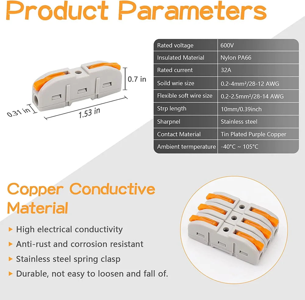 Quick Splicing Multiplex Butt Wire Connector Compact Electrical Cable Terminal Block Home Wiring Connectors for Circuit Inline