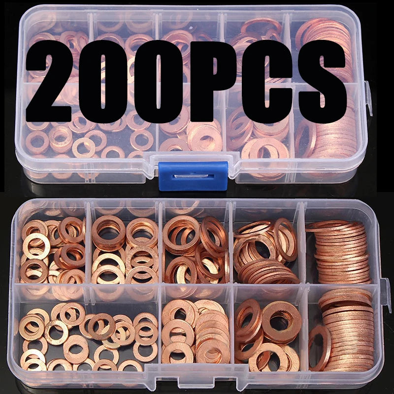 100/200PCS Copper Washer Gasket Nut and Bolt Set Flat Ring Seal Assortment Kit with Box //M8/M10/M12/M14 for Sump Plugs