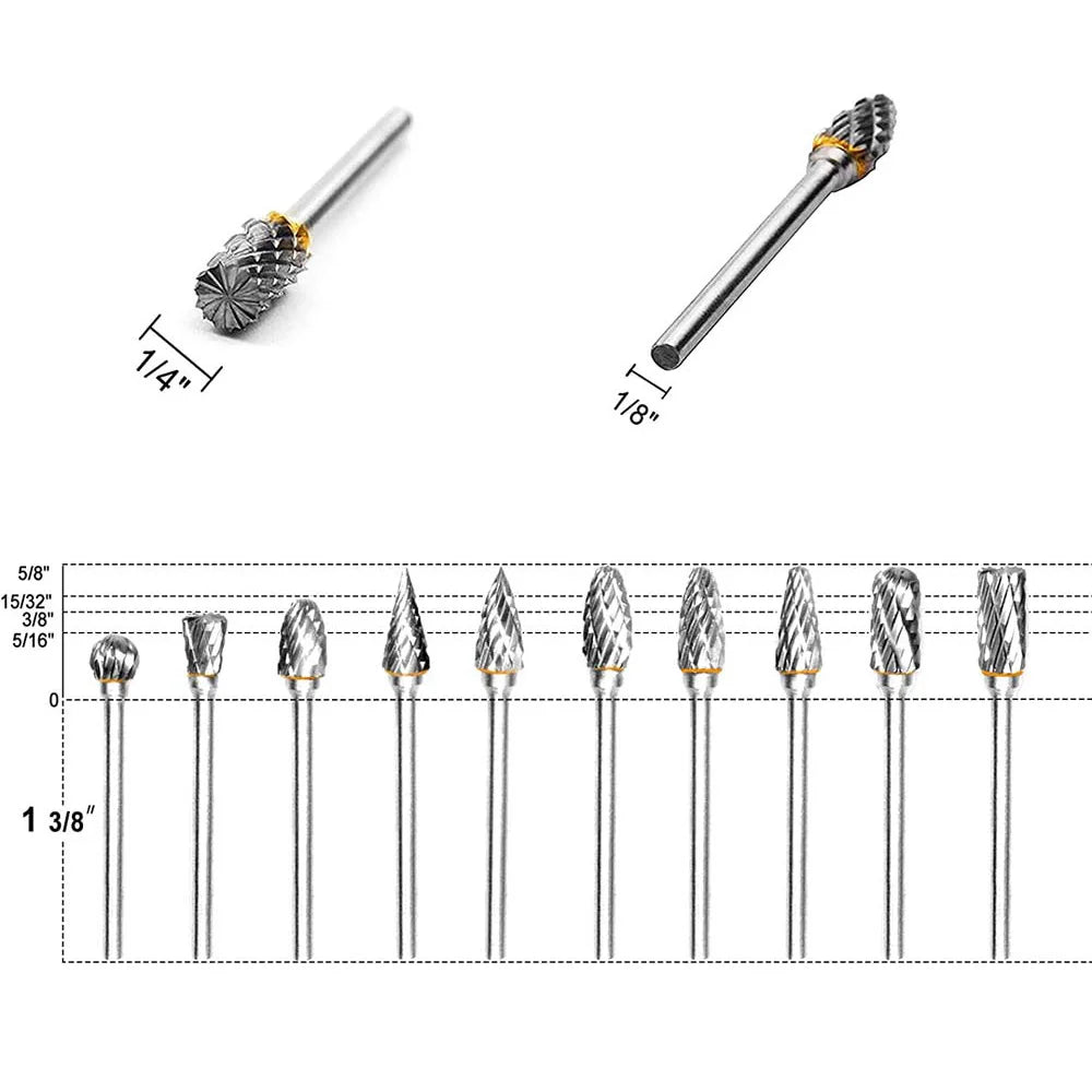 10 pcs 1/8" Shank Tungsten Carbide Milling Cutter Rotary Tool Burr Double Diamond Cut Rotary Dremel Tools Electric Grinding