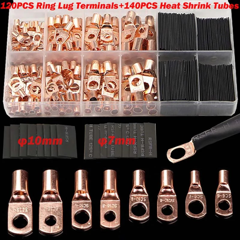 60/240PCS Ring Terminal Cable Shoes Lugs 35mm2 Tinned Copper Lug Wire eye Connectors Bare 60 Terminals Lugs Wire Copper Kit