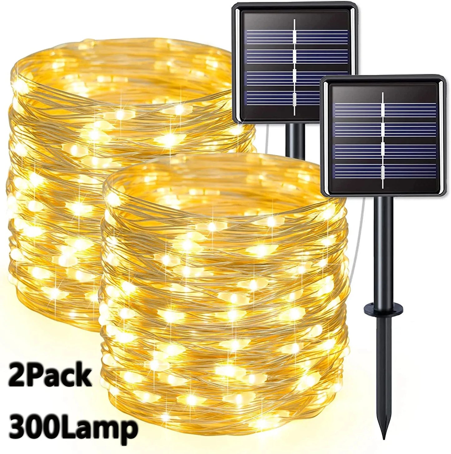 2er-Pack Solar-Lichterkette, 300 LEDs, Solar-Lichterkette für den Außenbereich, wasserdicht, 8 Modi, Kupferdraht, Funkelndes Licht