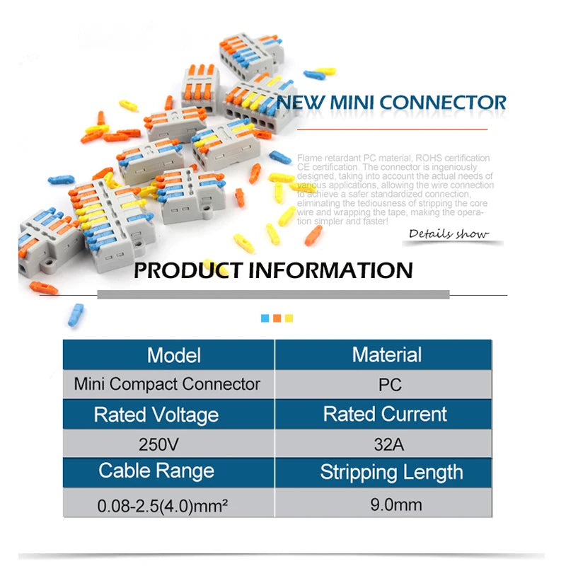 Mini Quick Wire Conductor Connector Universal Compact 2/3 Pin Splicing Push-inTerminal Block 1 in multiple out with fixing Hole