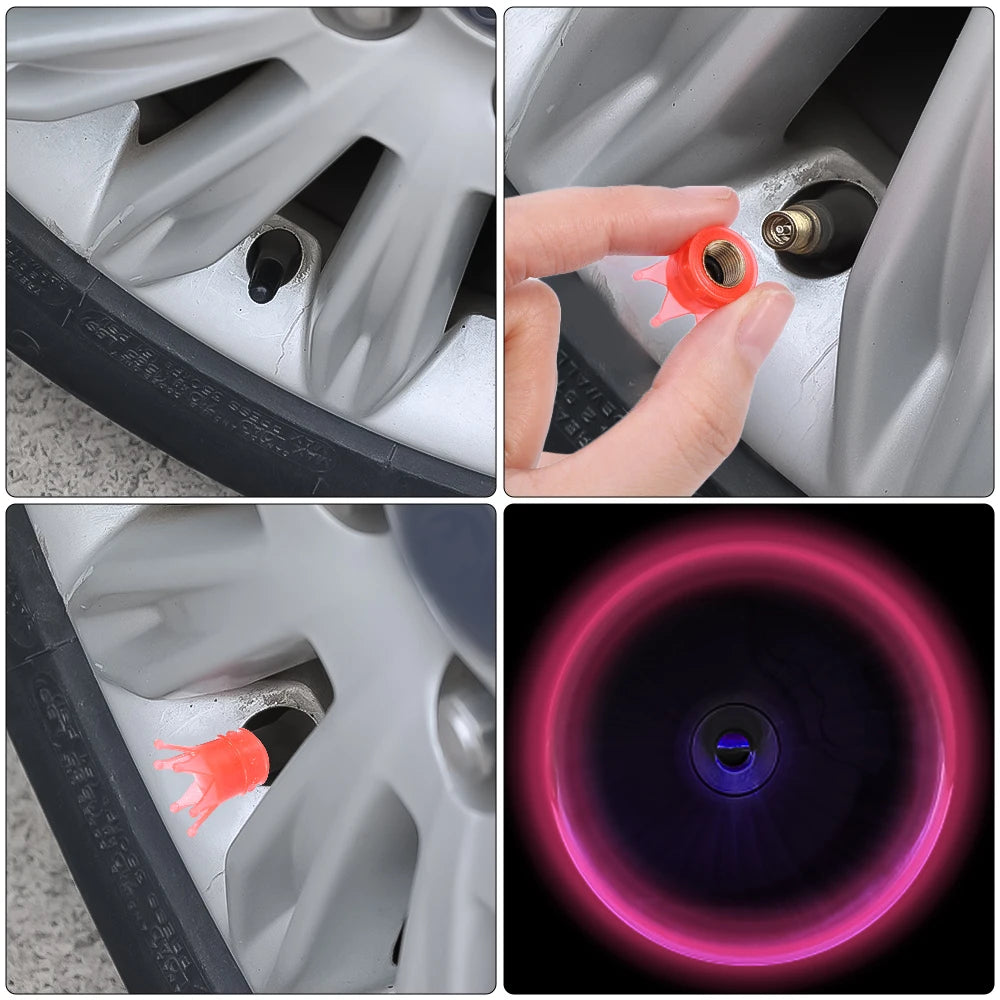 Luminous Crown Shape Wheel Tire Valve Cover Car Motorcycle Bike Tire Dust Valve Fluorescent Cap Car Tire Decoration Accessories