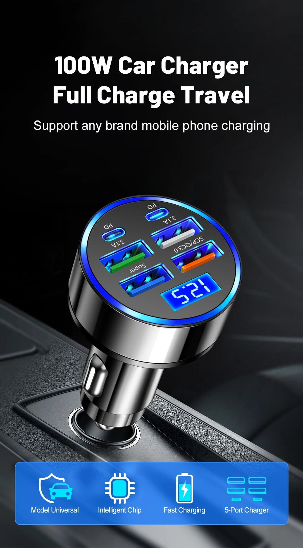 100W 6 Ports Car Charger Fast Charging PD QC3.0 USB C Car Phone Charger Type C Adapter in Car For iPhone Samsung Huawei Xiaomi