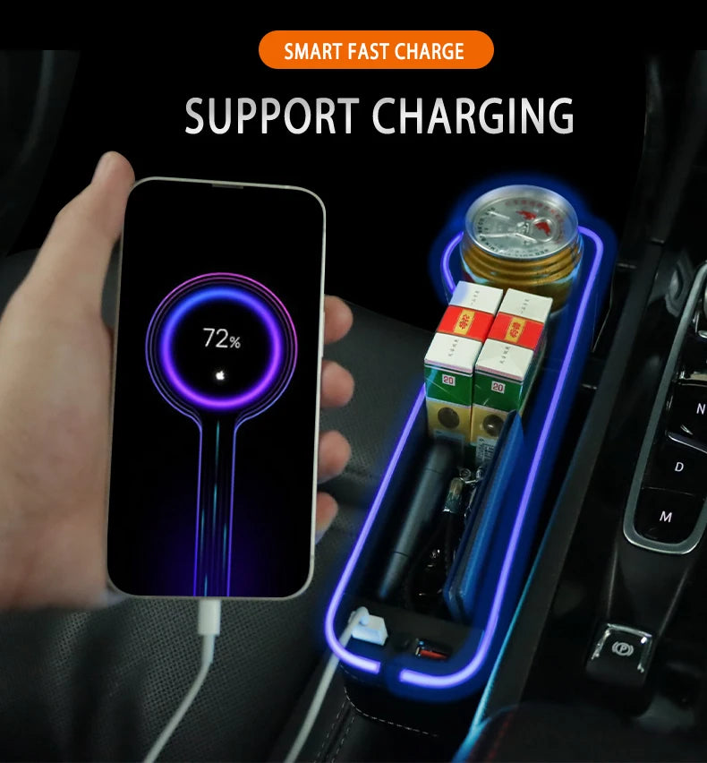 Porte-gobelet de remplissage d'espace de siège de voiture 7 couleurs changeantes LED boîte de rangement de fente de voiture avec chargeur 2 USB accessoires de voiture 