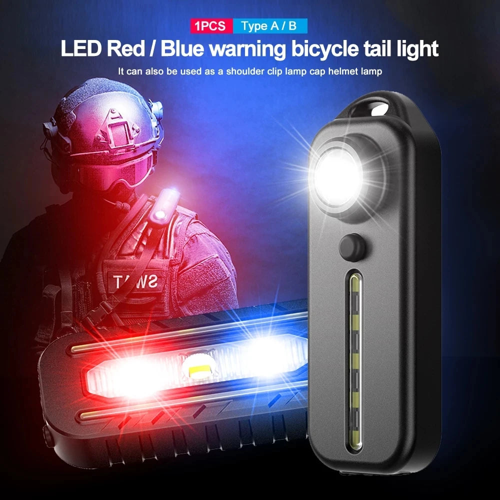 Feu arrière de vélo à LED rouge et bleu avec clip, éclairage d'urgence pour police, rechargeable par USB, clignotant, lampe torche de sécurité 