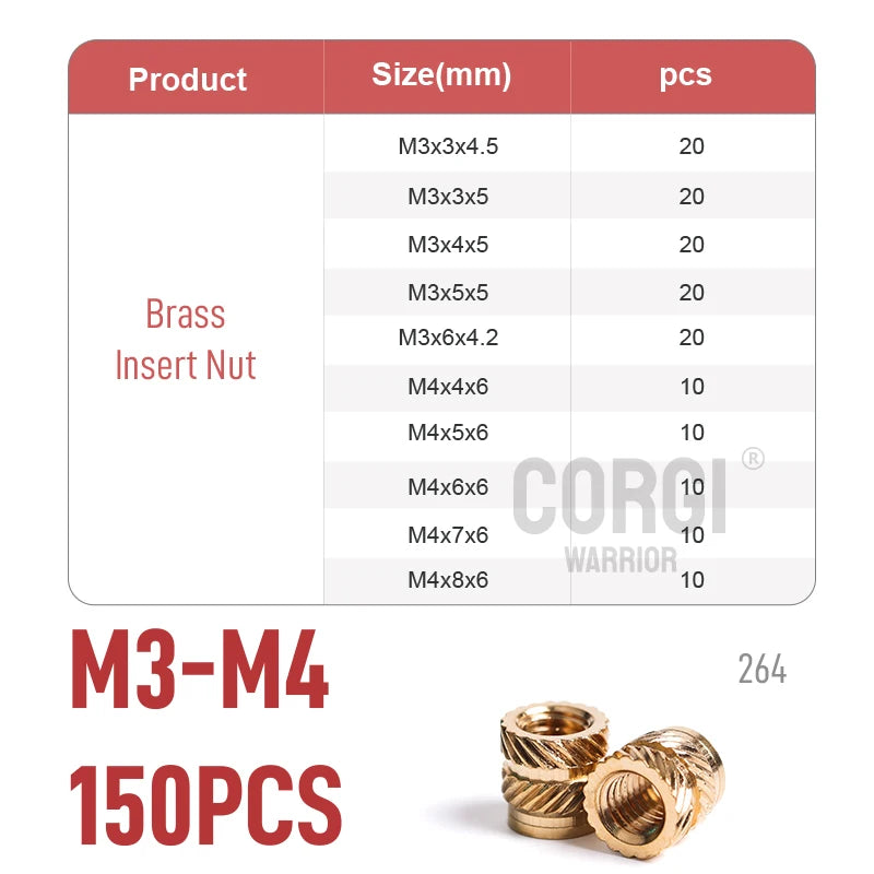 Brass Female Thread Knurled Inserts Nuts Kit M2/M2.5/M3/M4/M5/M6/M8 65-1080 3D Printing Hot Melt Threaded Embedment Insert Nut