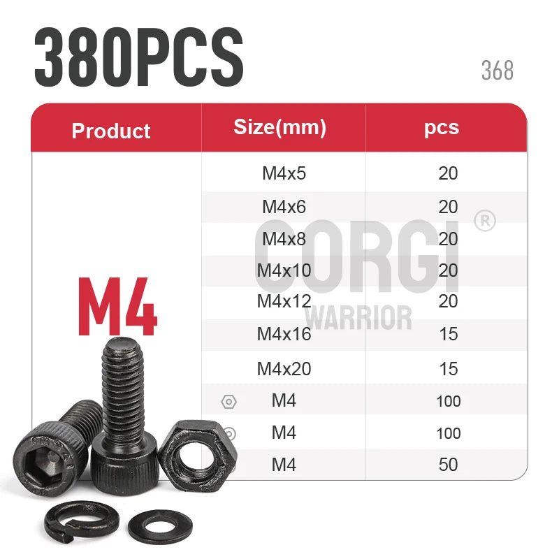 Hex Socket Head Cap Screws Kit M2 M2.5 M3 M4 M5 M6 M8 M10 up to 1140 DIN912 Black 12.9 Grade Carbon Steel Bolts Nuts Assortment