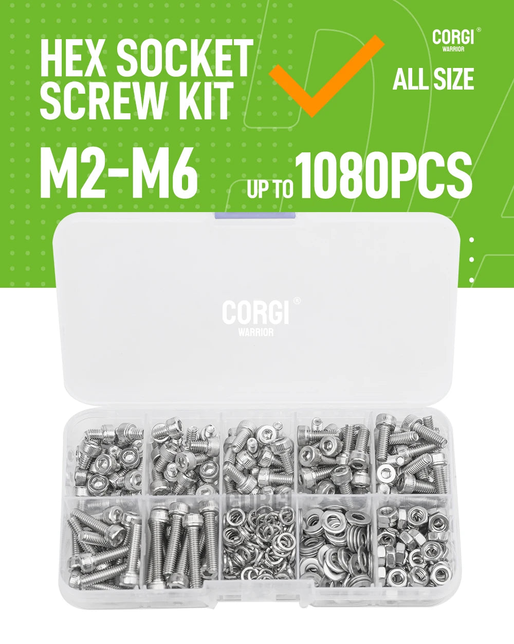 M2 M2.5 M3 M4 M5 M6 Hex Socket Head Cap Set Allen Screw Kit 126-1080P DIN912 304 Stainless Steel Screw Nut Bolt Assortment Set