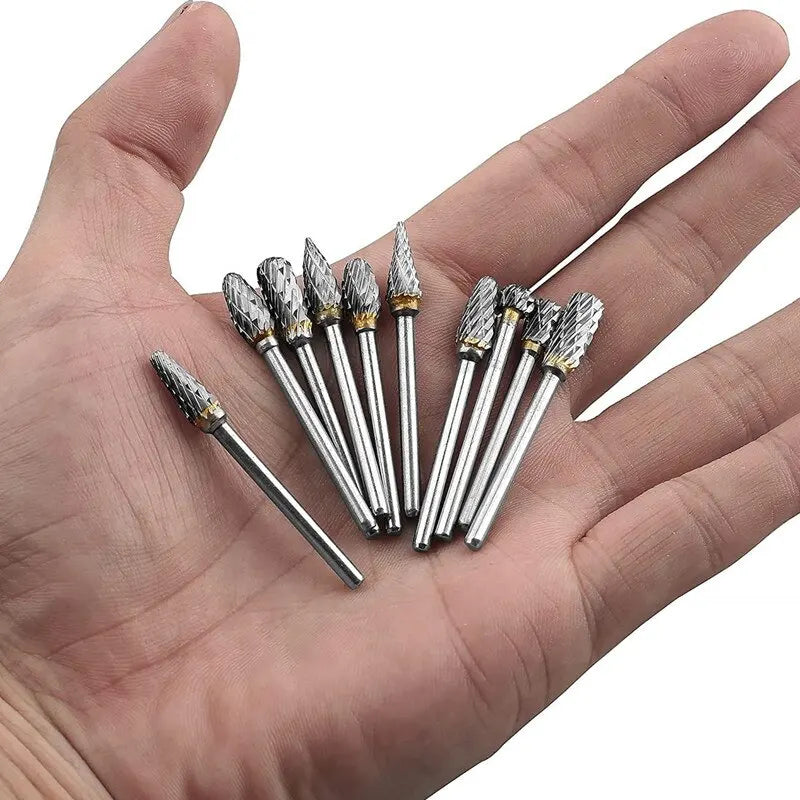 10pcs Carbide Burr Set, Hard Alloy Tungsten Steel Double Cut Rotary File Milling Cutter Head, Woodworking Grinding Carvin