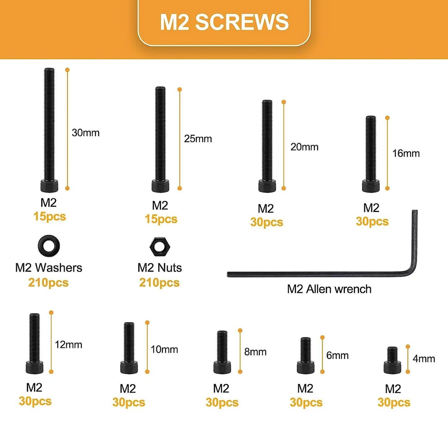 660Pcs M2 Screws Set M2 x 4/6/8/10/12/16/20/25/30mm Hex Socket Head Bolts Nuts Washers Assortment Kit 12.9 Grade Alloy Steel