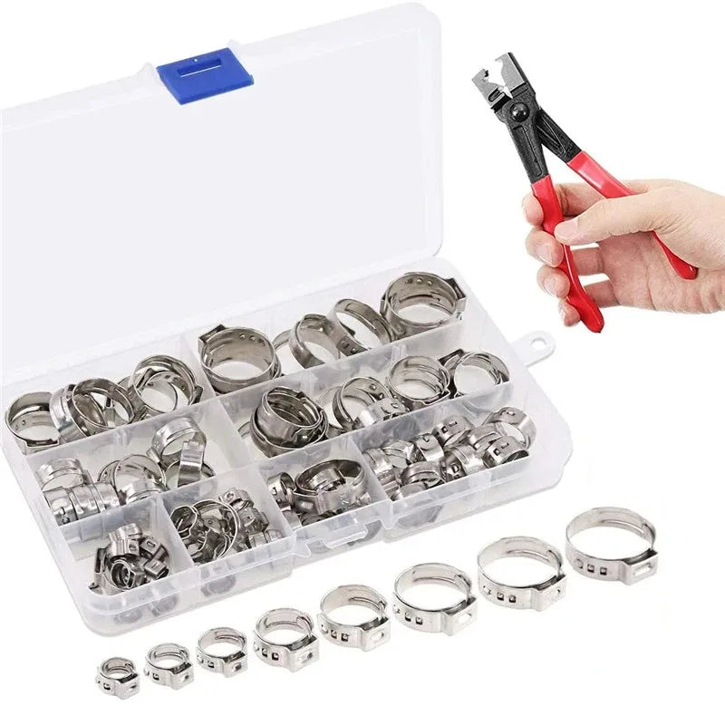 130/80pcs Single Ear Stepless Hose Clamps With a Hose Clip Clamp Pliers 7-21mm Stainless Steel Fuel Hose Clamps Cinch Clamp Ring