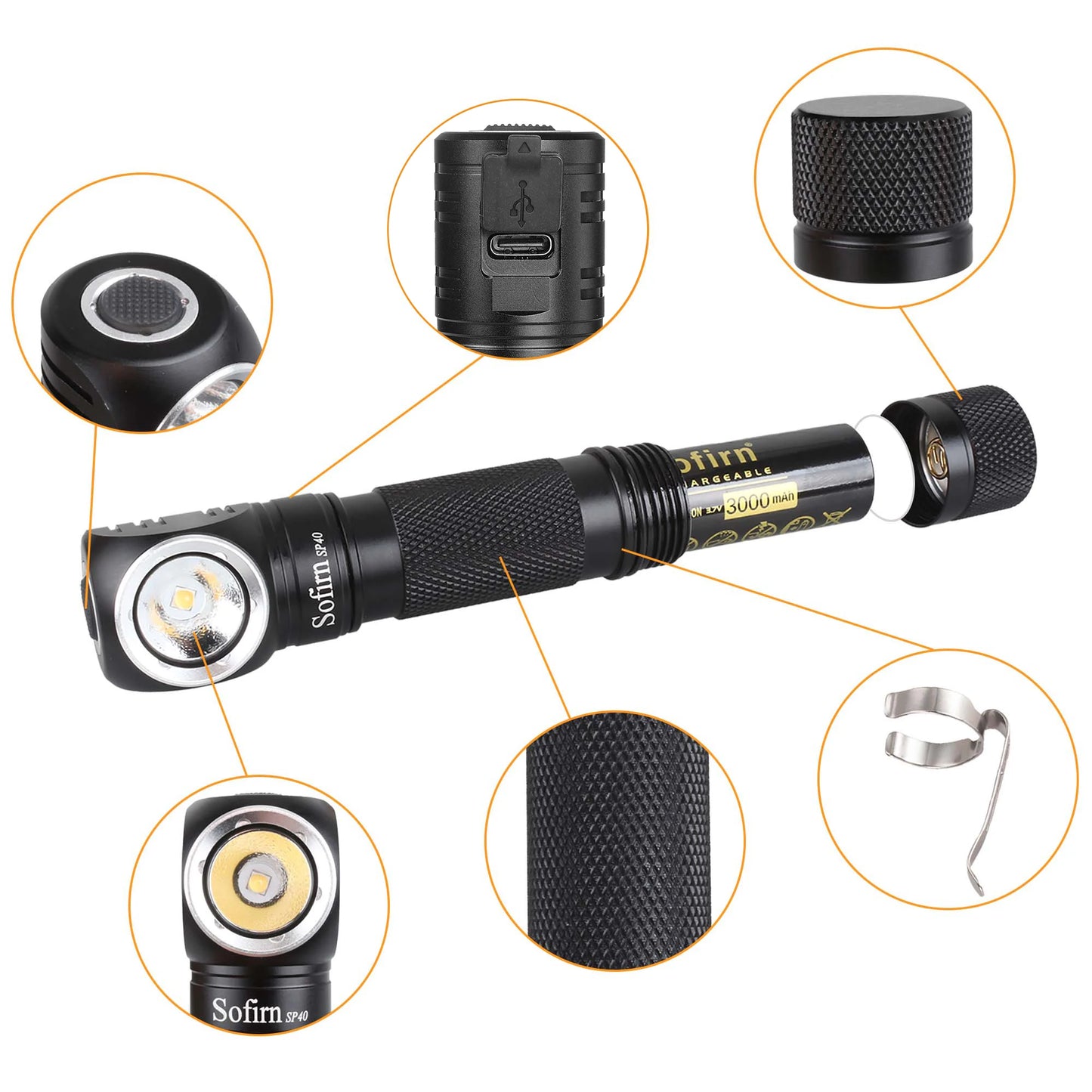 Lampe frontale LED Sofirn SP40 XPL 5300K EDC 18650 rechargeable 1200lm torche de pêche extérieure lumineuse avec capuchon arrière magnétique 