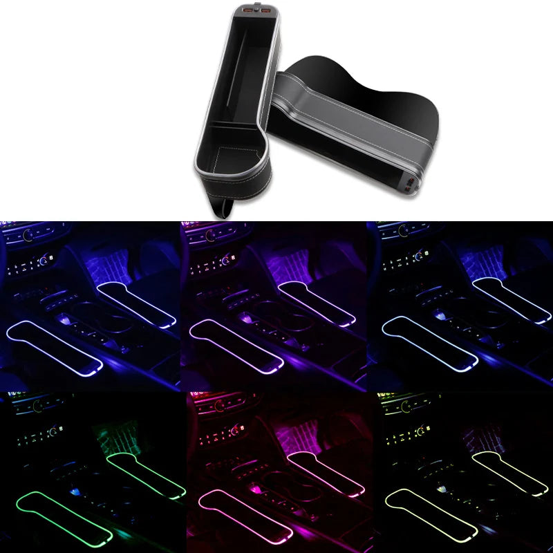 Porte-gobelet de remplissage d'espace de siège de voiture 7 couleurs changeantes LED boîte de rangement de fente de voiture avec chargeur 2 USB accessoires de voiture 