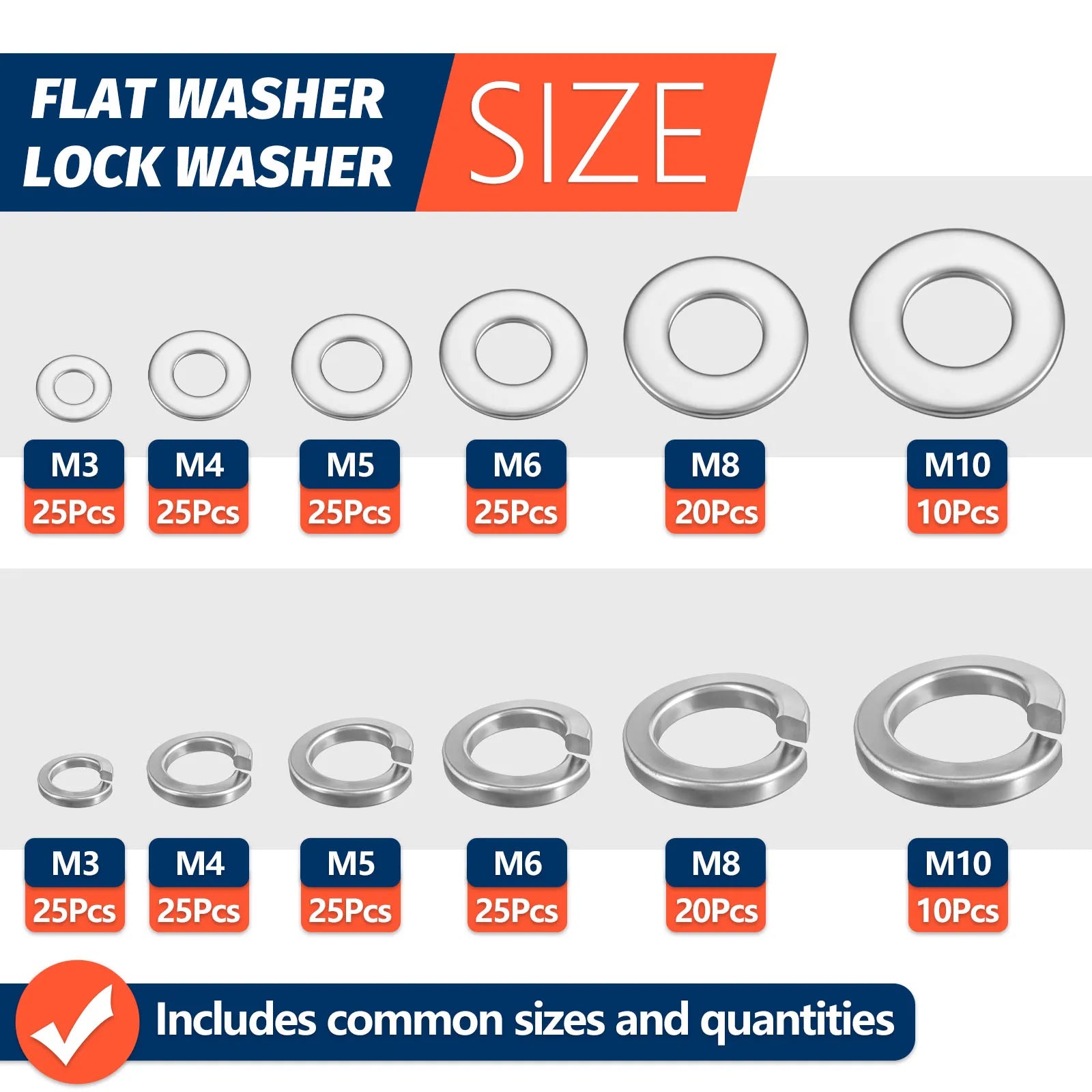 260pcs Lock and Flat Washer Assortment Kit Stainless Steel M3 M4 M5 M6 M8 M10 Spring Lock Washers and Flat Washers Set - ToolFlx