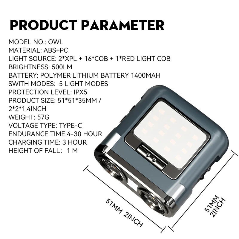 Lampe frontale Warsun Owl Type-c rechargeable, éclairage rotatif portable pour la chasse, lampe de poche à LED, éclairage avant pour vélo de pêche