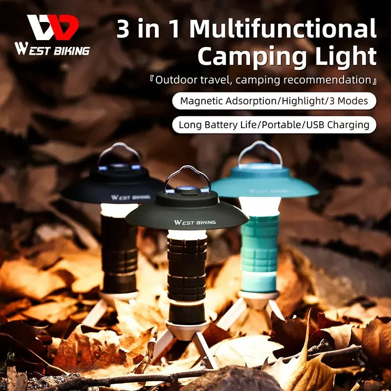 WEST BIKING Lampe de camping portable 3 en 1 multifonctionnelle pour l'extérieur, lampe de poche LED, chargement USB, lampe d'urgence, lampe de tente suspendue 