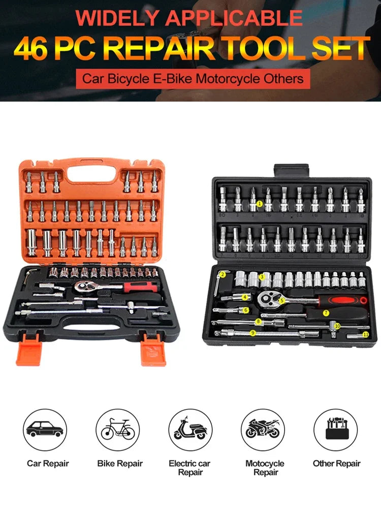 NEW Car Repair Tool Kit 46/53 Piece/Set 1/4-Inch Socket Set Car Repair Tool Ratchet Torque Wrench Combo Auto Repairing Tool Set