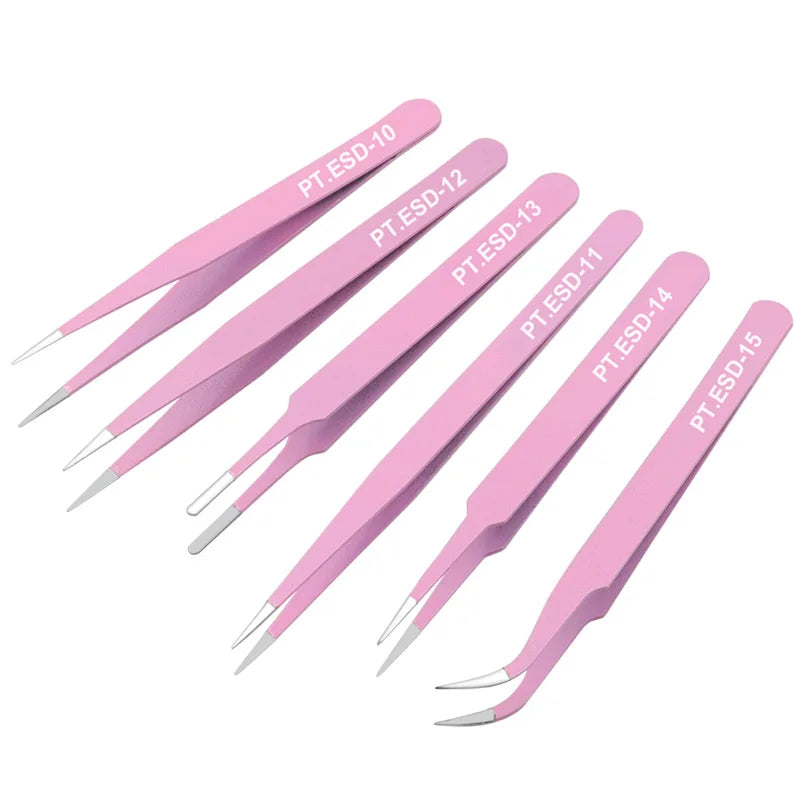 6PCs ESD Anti-Static Stainless Steel Tweezers Precision Maintenance Industrial Repair Curved Tool Home Working Model Making Hand