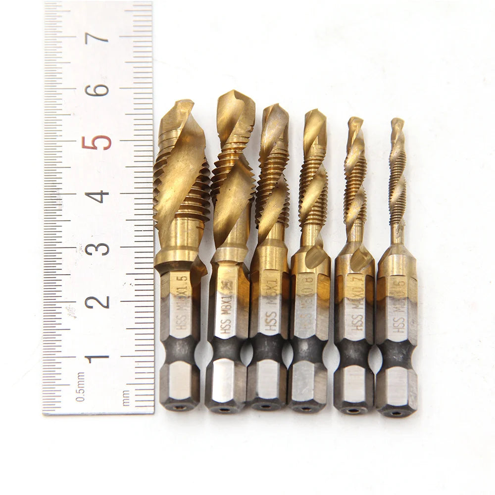 New Titanium Plated Hex Shank HSS Screw Thread Metric Tap Drill Bits Screw Machine Compound M3 M4 M5 M6 M8 M10 Hand Tools