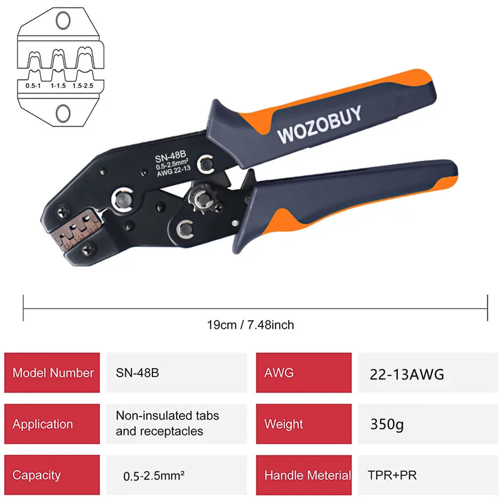 WOZOBUY SN-48B Pin Crimping Tools 2.8/4.8/6.3mm 22-13AWG Crimper 0.5-2.5 mm² for Car Terminals Sets Wire Electrical Hand Tools