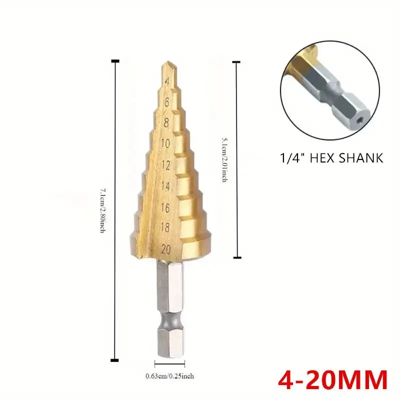 3-12mm/4-12mm/4-20mm Hss Step Drill Bit, Straight Groove DrillTitanium Coated Metal Driller, Drilling Tools Set