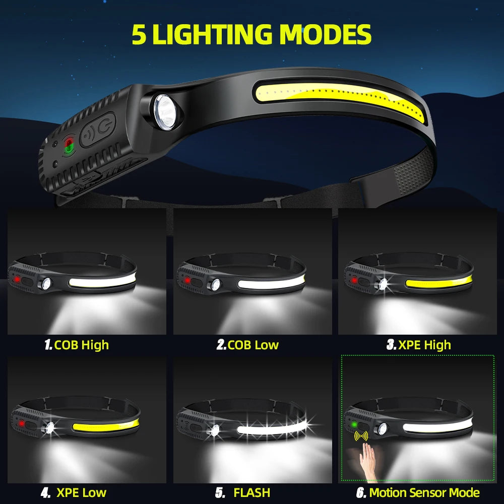 Lampe frontale à LED rechargeable par USB avec capteur XPE + COB, lampe frontale à LED pour camping, recherche, lampe torche pour lanterne de pêche 