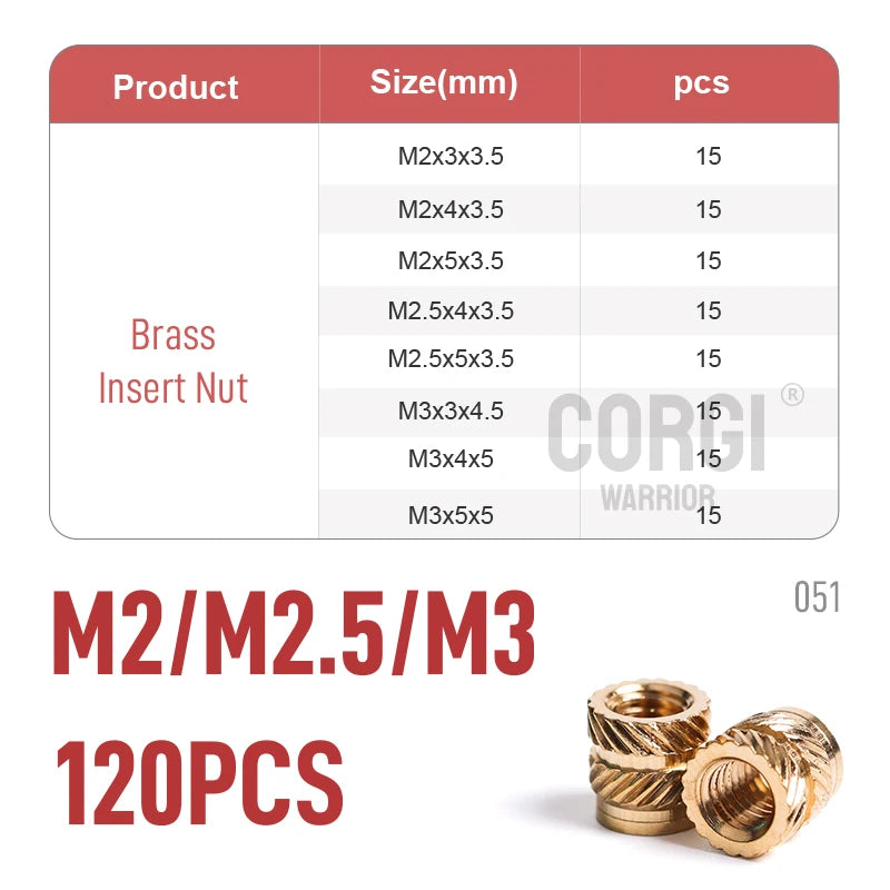 Brass Female Thread Knurled Inserts Nuts Kit M2/M2.5/M3/M4/M5/M6/M8 65-1080 3D Printing Hot Melt Threaded Embedment Insert Nut