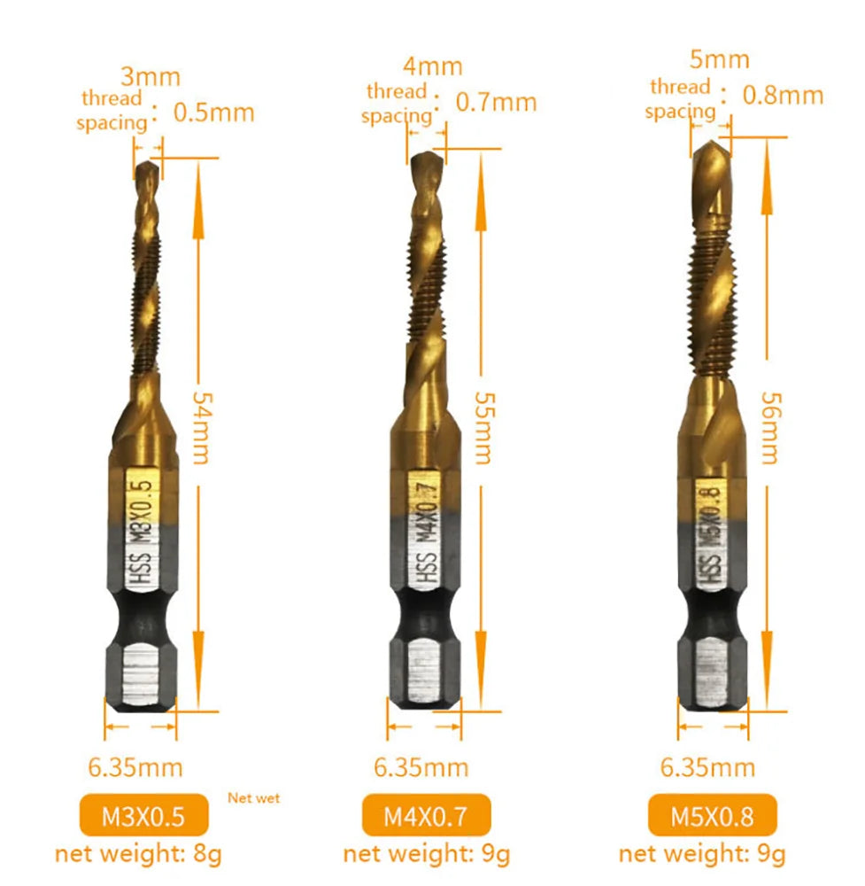 New Titanium Plated Hex Shank HSS Screw Thread Metric Tap Drill Bits Screw Machine Compound M3 M4 M5 M6 M8 M10 Hand Tools