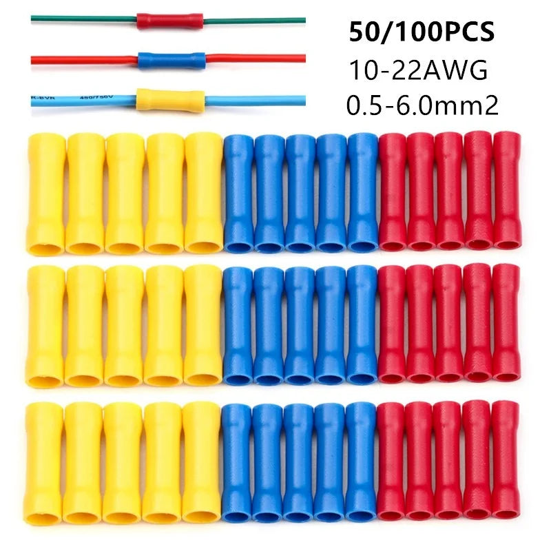 Assorted Butt Connector Insulated Crimp Terminals Electrical Cable Wire Connectors BV1.25 BV2.5 BV5.5 Car Accessories