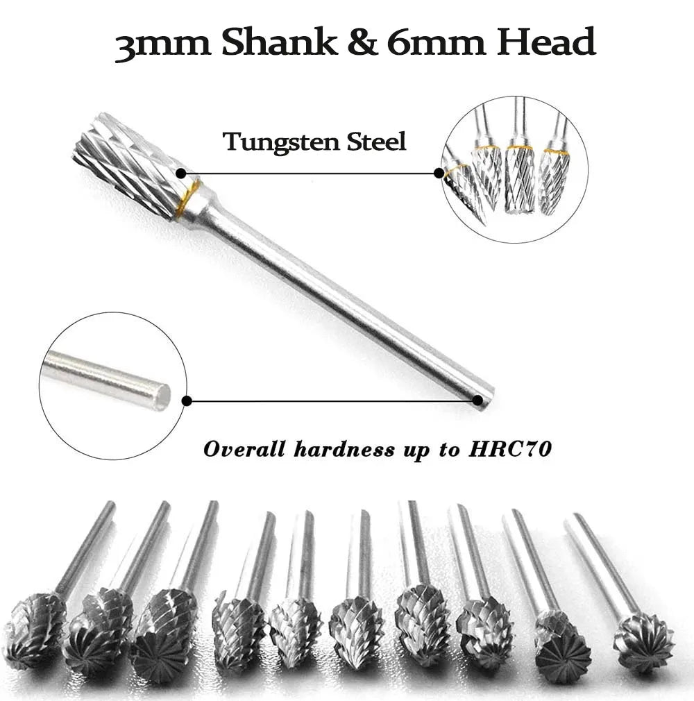 10 pcs 3mm Shank Tungsten Steel Milling Cutter Burr Diamond Cut Rotary Dremel Tools Electric Grinding Rotary Tool