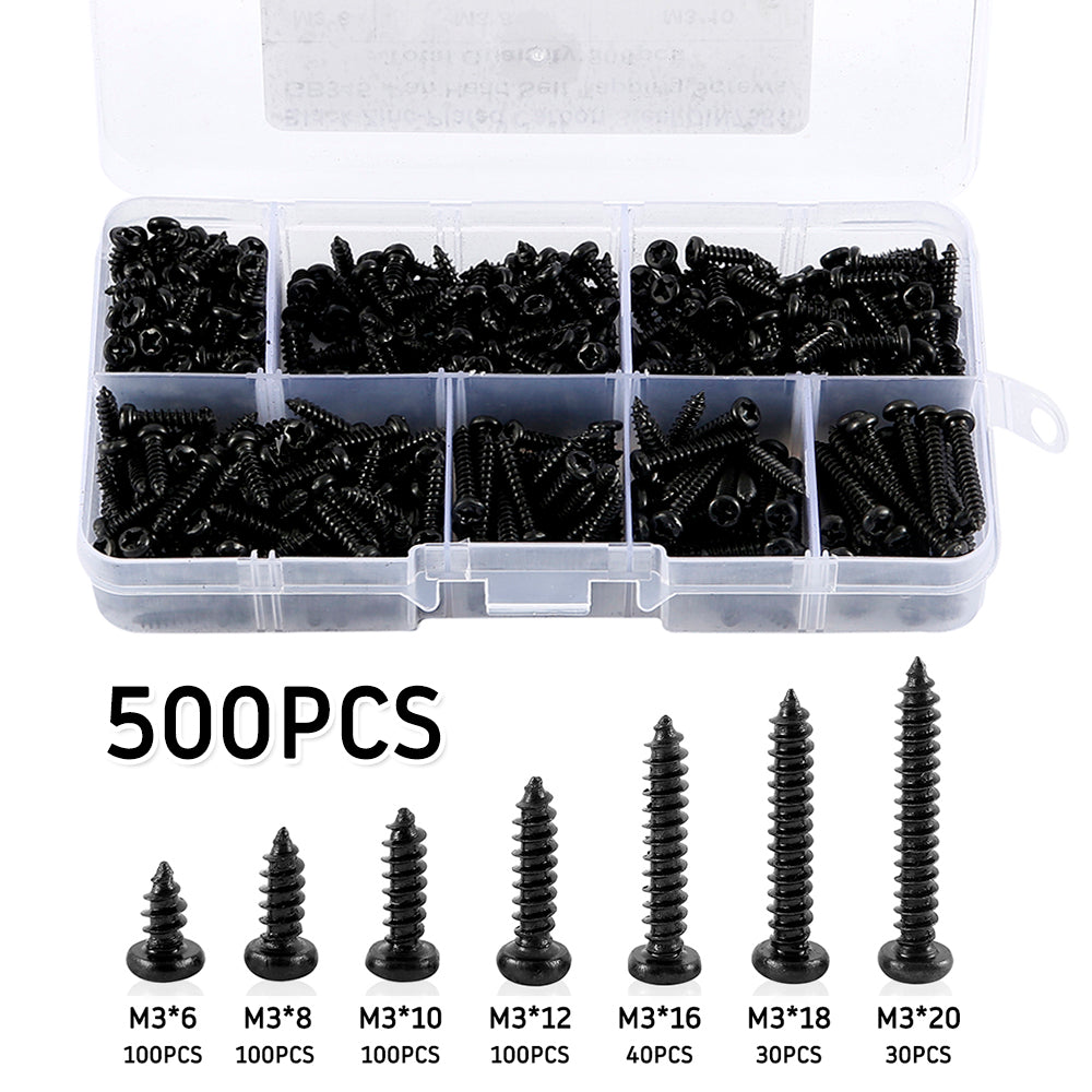 340/500pcs Pan Head Tapping Screw Cross Head M3/M4/M3.5/M4.8 Self Tapping Screw Set Assortment Kit Black Furniture Carbon Steel