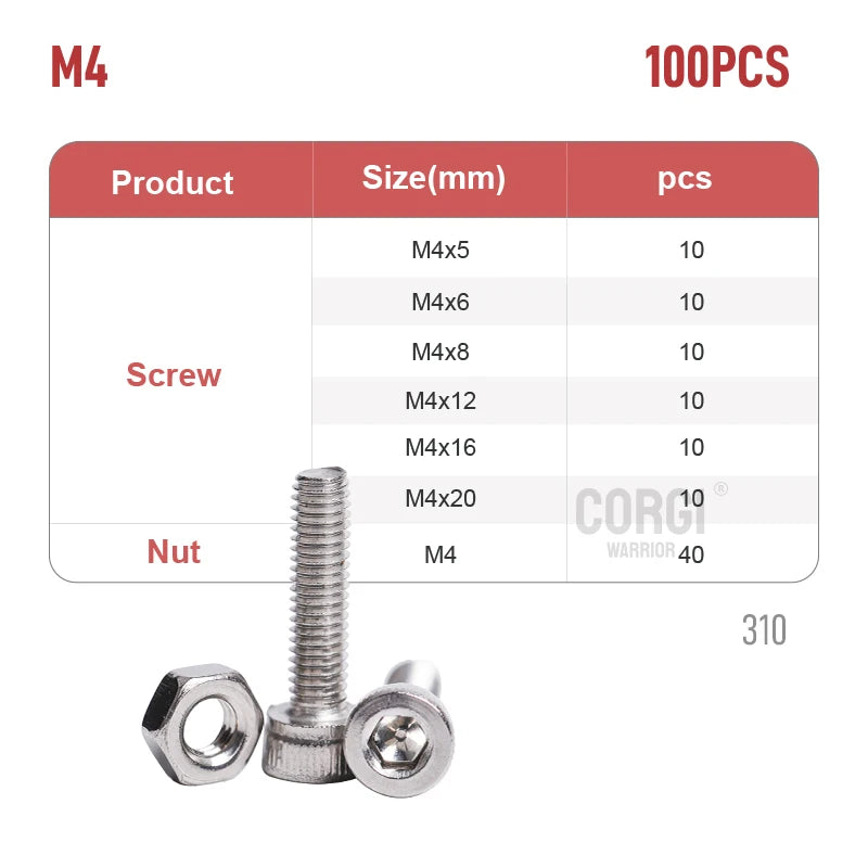 100-720 Pcs Hex Socket Head Cap Machine Screws Kit M2 M2.5 M3 M4 M5 Stainless Steel Allen Bolts Nuts Assortment Set with Wrench