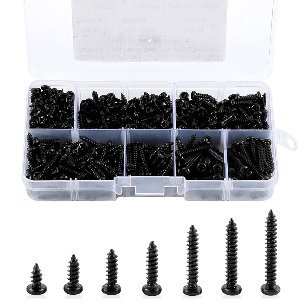 340/500pcs Pan Head Tapping Screw Cross Head M3/M4/M3.5/M4.8 Self Tapping Screw Set Assortment Kit Black Furniture Carbon Steel