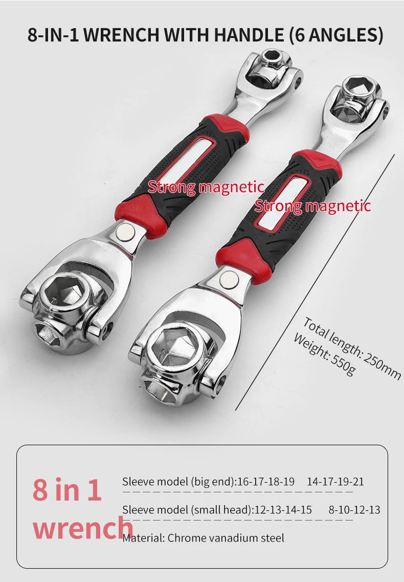 8 in 1 Tools Socket Works Universal Ratchet Spline Bolts Sleeve Rotation Hand Tools 360 Degree Multipurpose Tiger Wrench