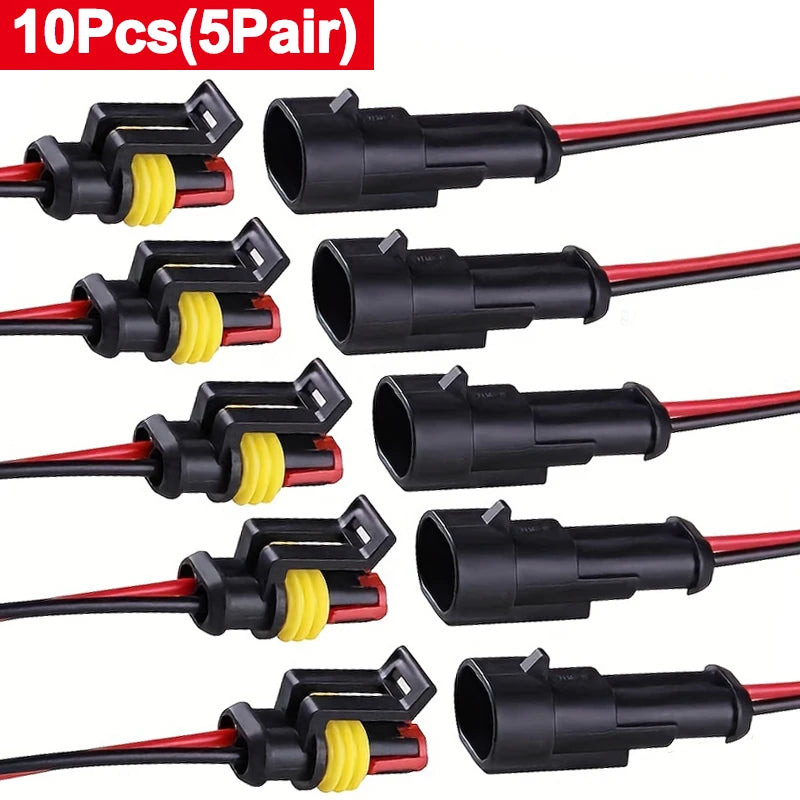 10pcs 5 Sets Waterproof Automotive Male Female Electrical Connectors Plug 2-Pin Way With Wire For Car Motorcycle Scooter Marine - ToolFlx