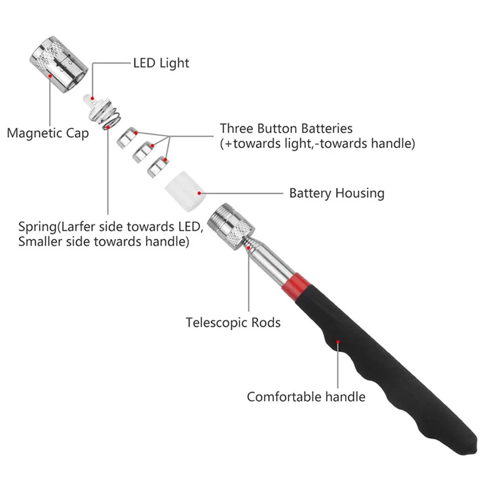 Telescopic Magnetic Pen with Light Mini Portable Magnet Pick Up Tool Extendable Pickup Rod Stick for Picking Up Screws Nut Bolt