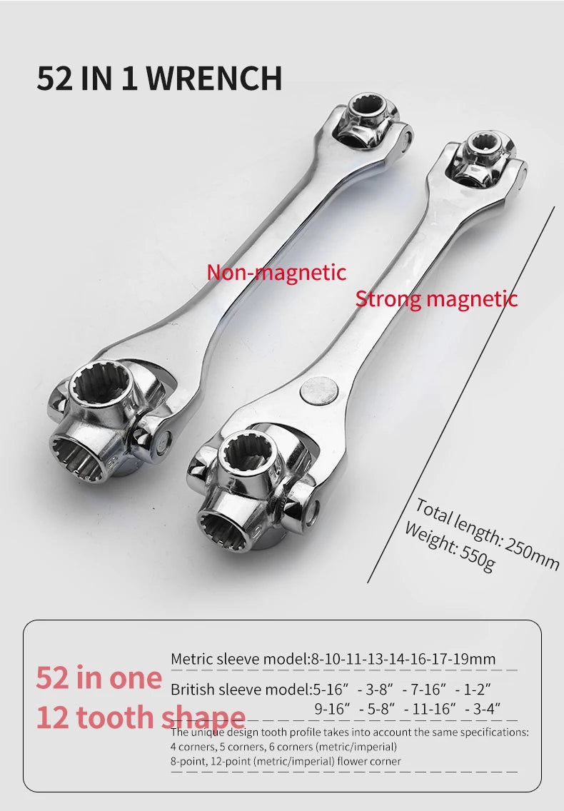 8 in 1 Tools Socket Works Universal Ratchet Spline Bolts Sleeve Rotation Hand Tools 360 Degree Multipurpose Tiger Wrench