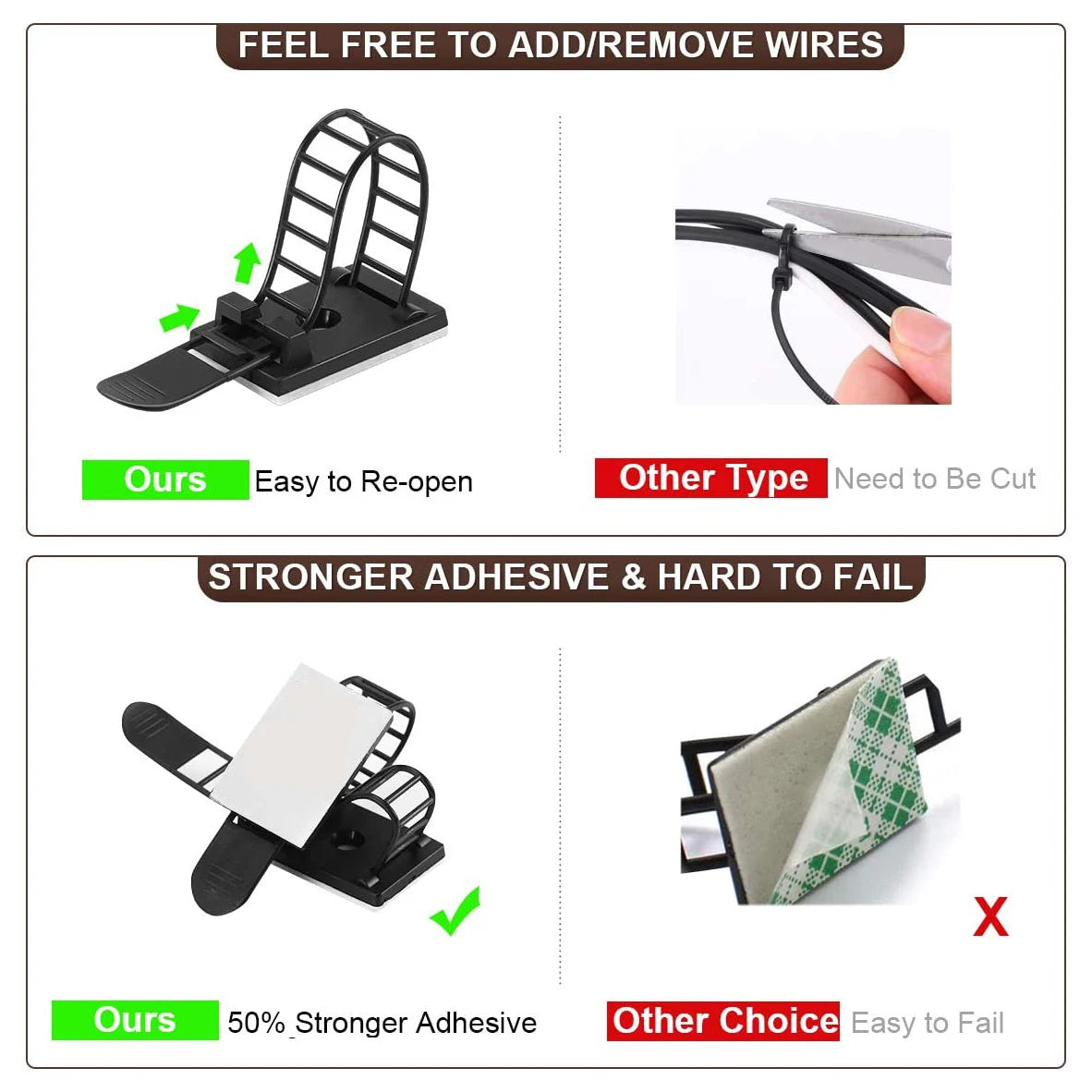 Adhesive Cable Ties Wire Management Clips Cable Organizer for Desk Wall Adjustable Cable Holder for Power Cord Mouse Headphone