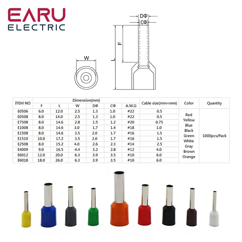 1000pcs/Pack E0508 E7508 E1008 E1508 E2508 Insulated Ferrules Terminal Block Cord End Wire Connector Electrical Crimp Terminator