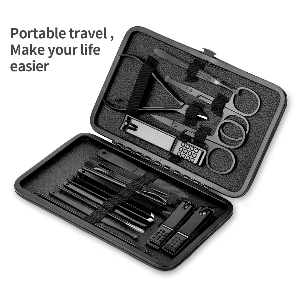 Ensemble de coupe-ongles noir en acier inoxydable Kit de manucure et de pédicure Ciseaux à ongles Pinces Tondeuse Outil d'entretien avec étui de voyage 