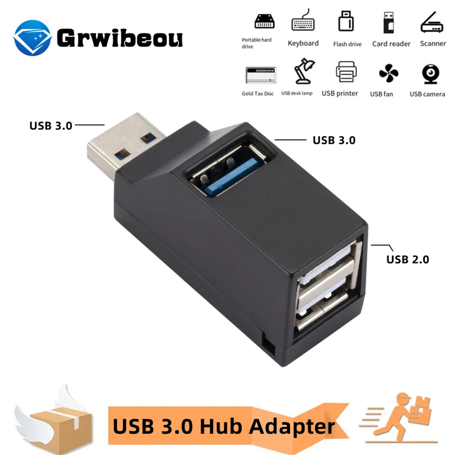 Mini adaptateur de concentrateur USB 3.0, rallonge, répartiteur USB multiple pour ordinateur portable, MacBook, concentrateur USB 2.0 à 3 ports haute vitesse, accessoires PC 