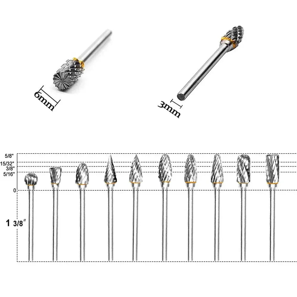 10 pcs 3mm Shank Tungsten Steel Milling Cutter Burr Diamond Cut Rotary Dremel Tools Electric Grinding Rotary Tool