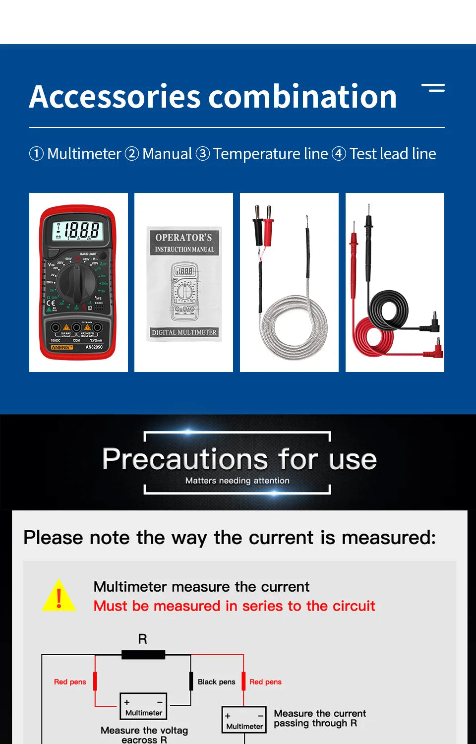 ANENG AN8205C Digital Multimeter AC/DC Ammeter Volt Ohm Multimetro Tester Meter With Thermocouple LCD Backlight Portable