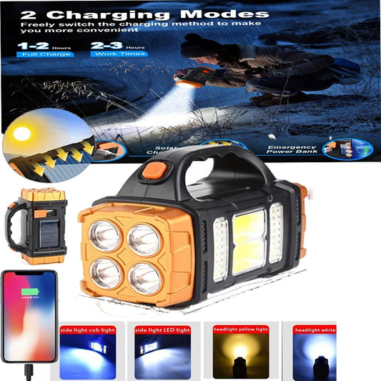 Leistungsstarke USB Aufladbare Taschenlampe Wasserdichte LED Licht Mit COB Arbeit Licht 4 Getriebe Ladung Handy Camping Solar Lampe 