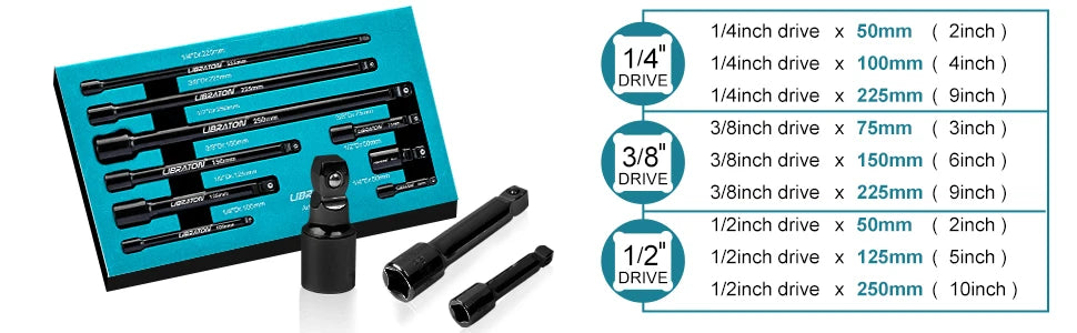 Libraton 9Pcs Wobble Socket Extensions Set, Ratchet Extensions 1/4" 3/8" 1/2", Wobble Extensions, Drive Socket Extension