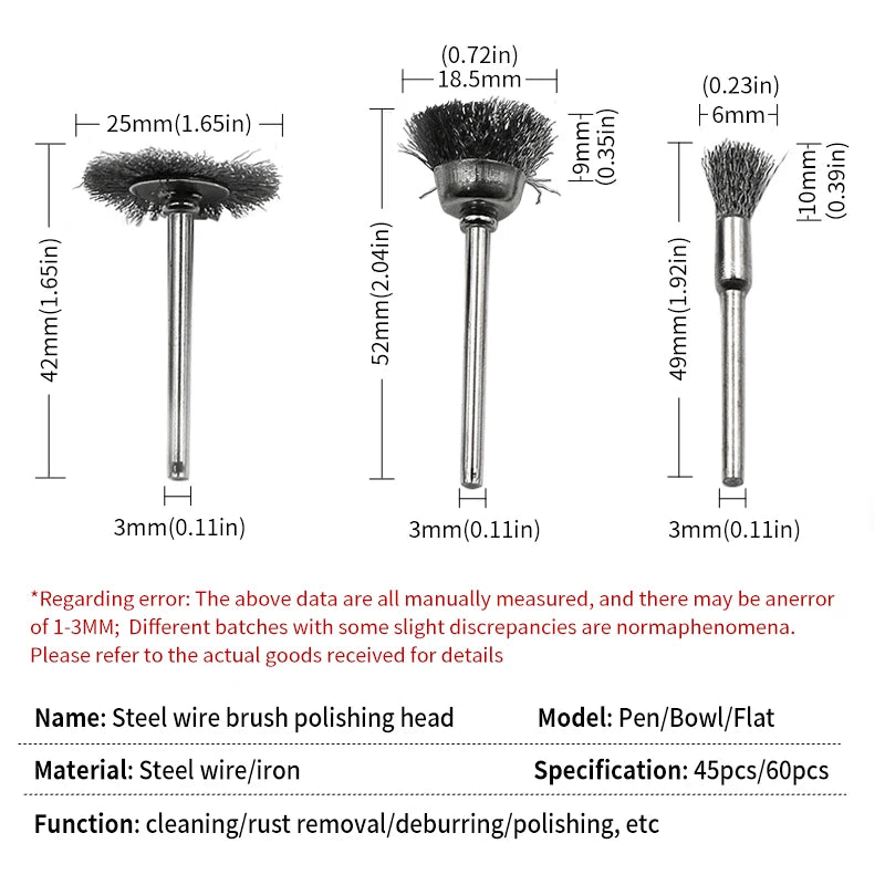 45pcs 60PCs Mini Steel Wire Brushes Rotary Tool for Dremel Drill Polishing Grinding Wheel Small Brush Accessories