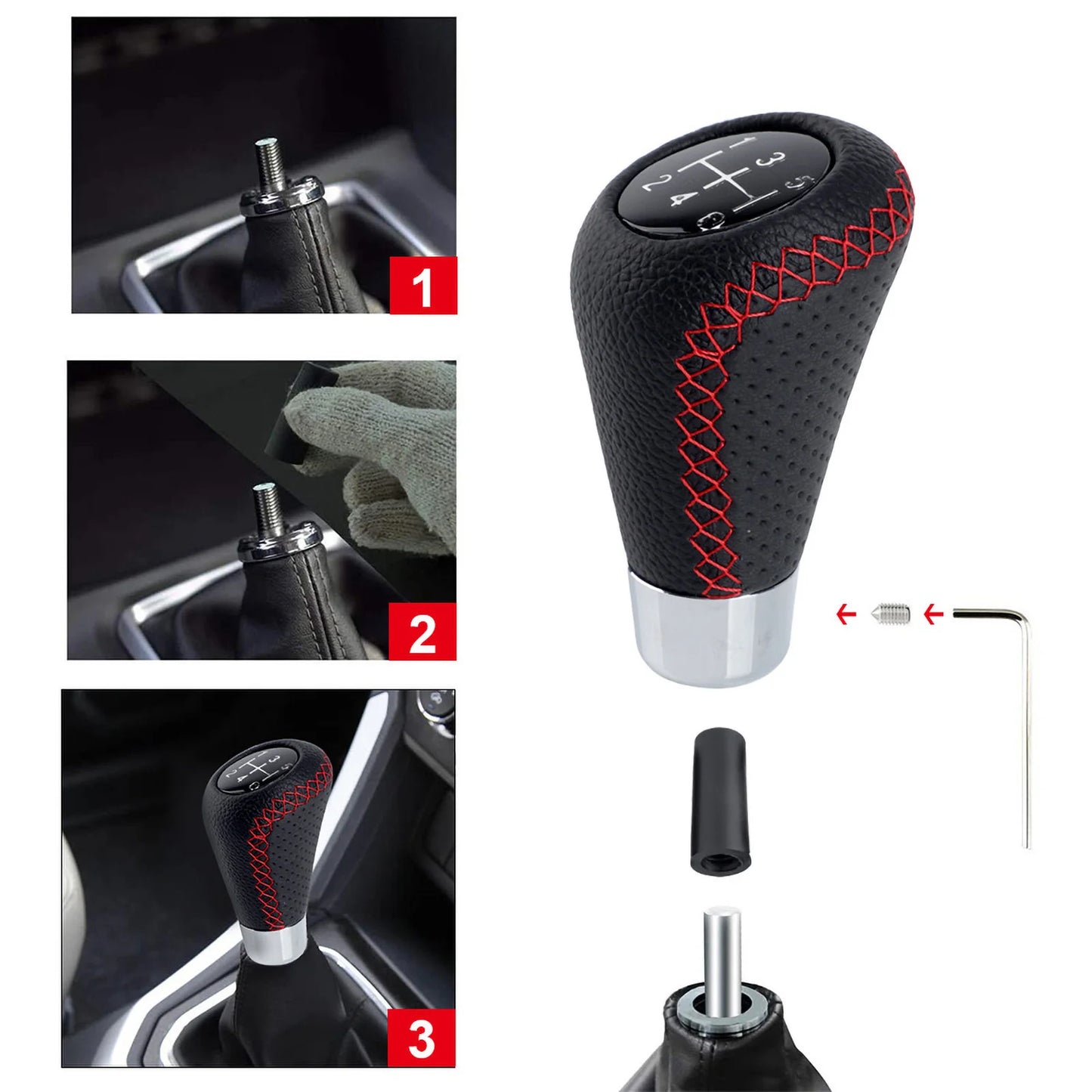 Universal 5 Speed Manual Leather Red Stitch Gear Shift Knob Car Gear Stick Shift Knob Lever Manual Transmission M8 M10 M11 M12