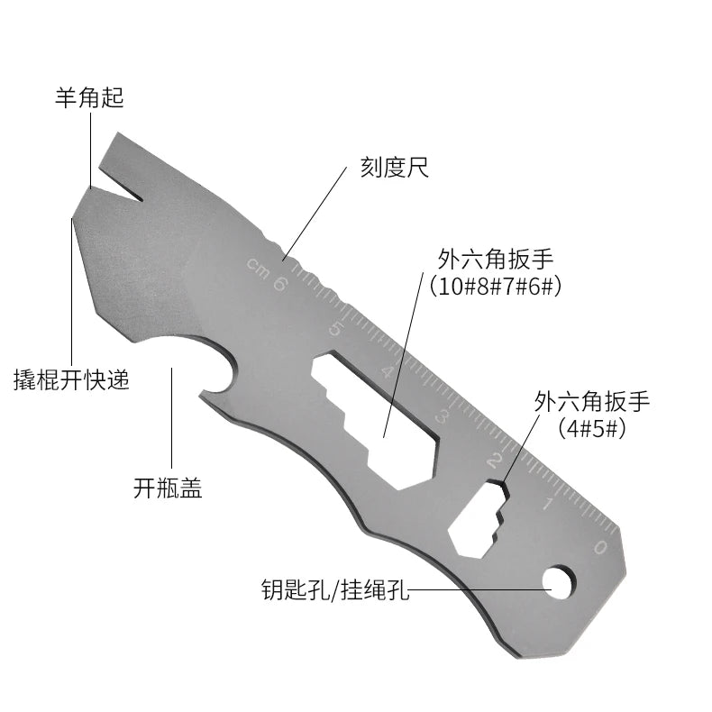 8 EN 1 MINI TC4 Alliage de Titane Crowbar Décapsuleur Échelle Graduée Clé Hexagonale EDC Outils Extérieurs Équipement de Camping Multifonction 